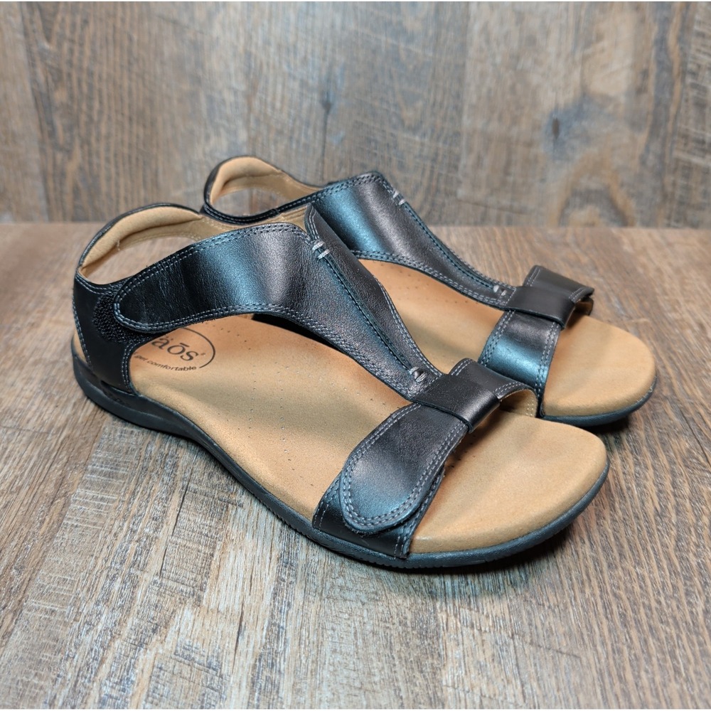 TAOS The Show Premium Leather Flat Sandal Slingback Black Women's Size 8